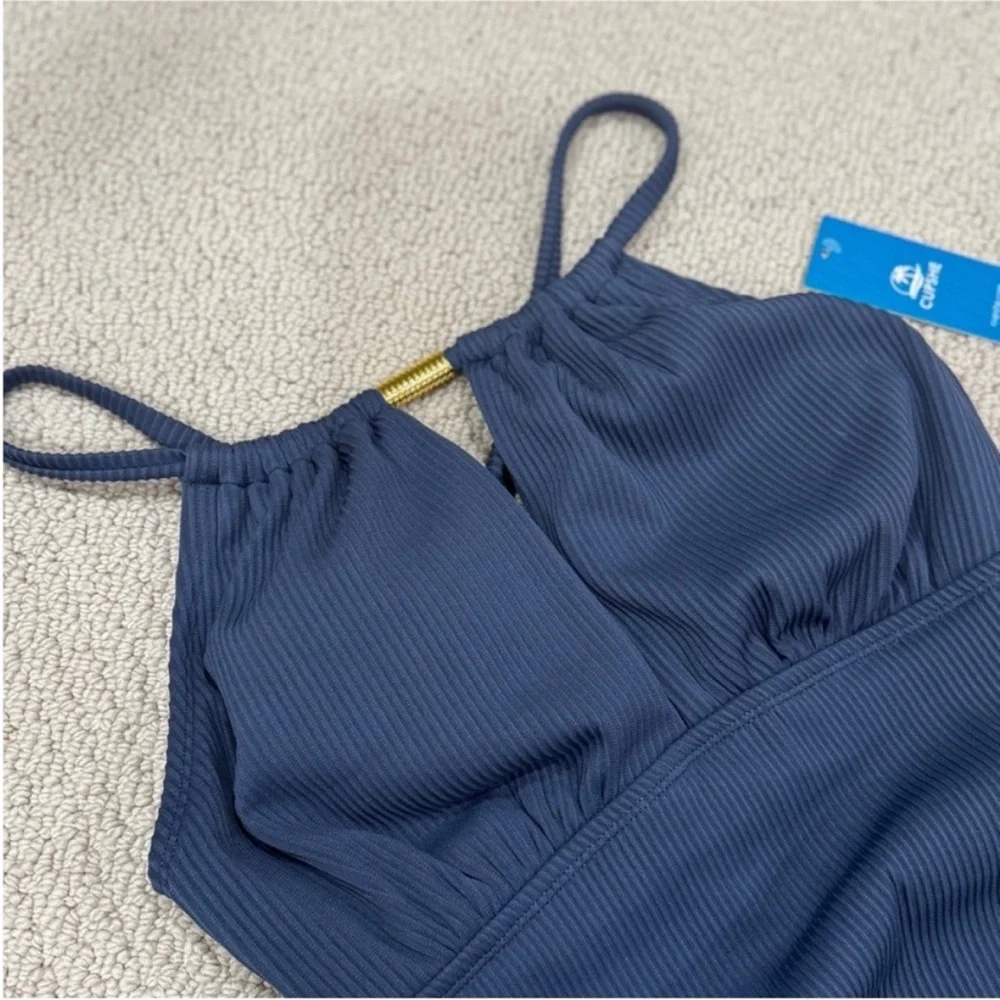 New! Cupshe Blue Ribbed Tummy Control Standard One-Piece - Picture 7 of 11